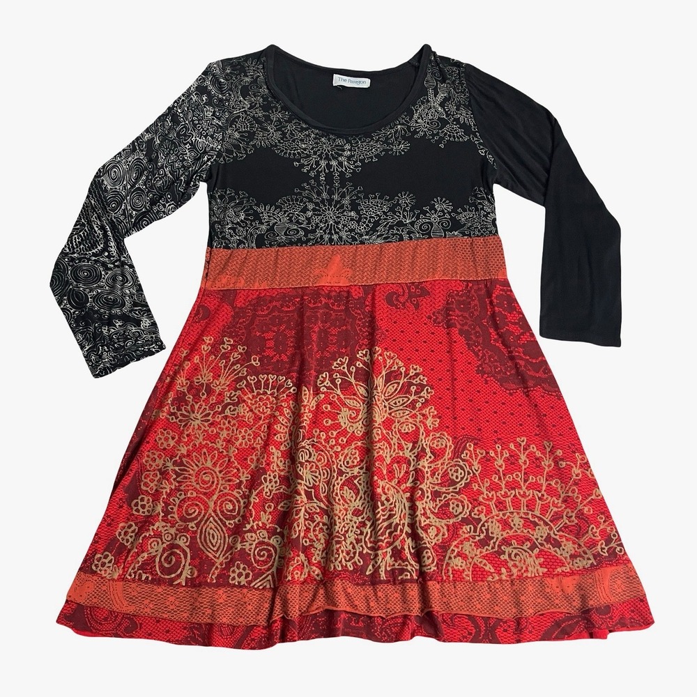 Y2K The Paragon Tunic Dress Womens Large Red Black Boho Mixed Print Whimsygoth‎